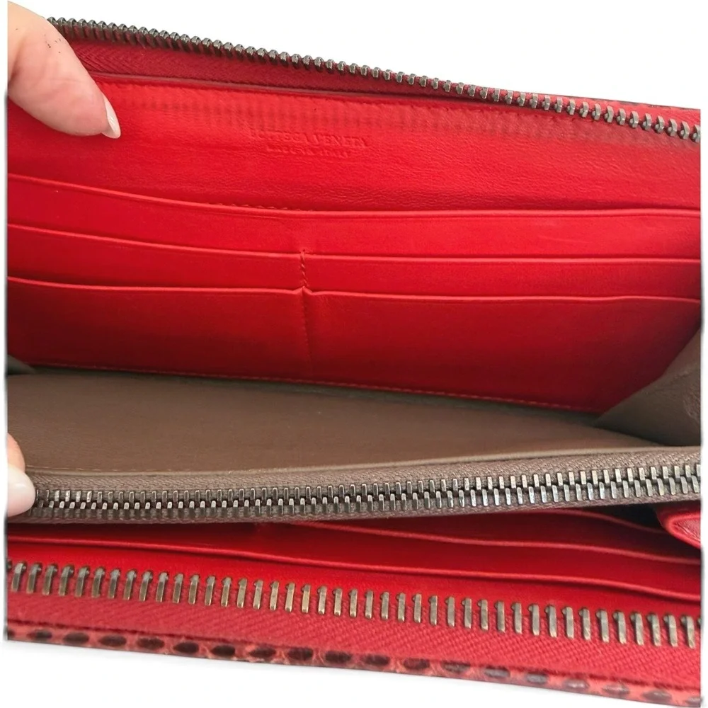 Bottega Veneta Intrecciato Python Zip Around Wallet Red Exotic Leather Box Dusty